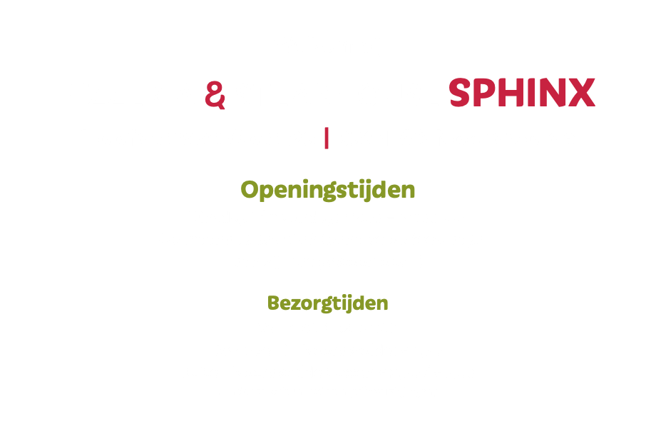 &nbsp;Welkom bij Pizzeria & Steakhouse Sphinx Hoofdstraat Oost 23 | 8391 AS Noordwolde Openingstijden Dinsdag t/m zondag: 15:00 – 22:00 uur (sluitingstijd kan afwijken) Vrijdag en zaterdag: 15:00 – 24:00 uur (sluitingstijd kan afwijken) Op maandag gesloten (behalve op feestdagen, dan zijn we gewoon open) Bezorgtijden Van 17:00 tot 22:00 Bezorgen in Noordwolde: € 1,50 Buiten Noordwolde tussen € 2,50 / € 5,00 (onder voorbehoud van prijswijzigingen) 